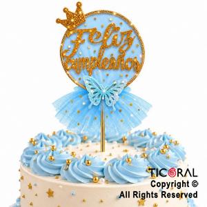 CAKE TOPPER FELIZ CUMPLEA�OS CIRCULO ORO CON TUL CELESTE